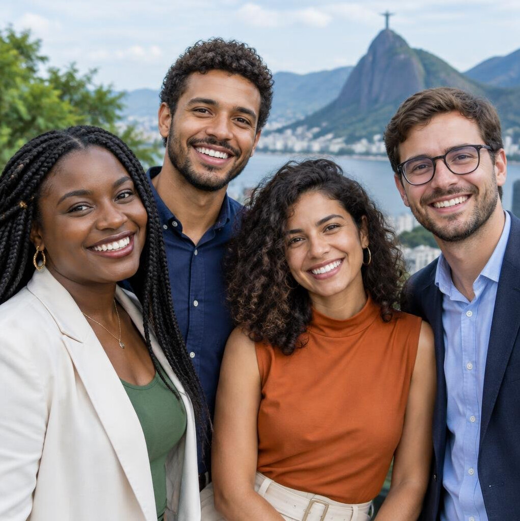 Group portrait of four diverse Brazilian editors smiling together