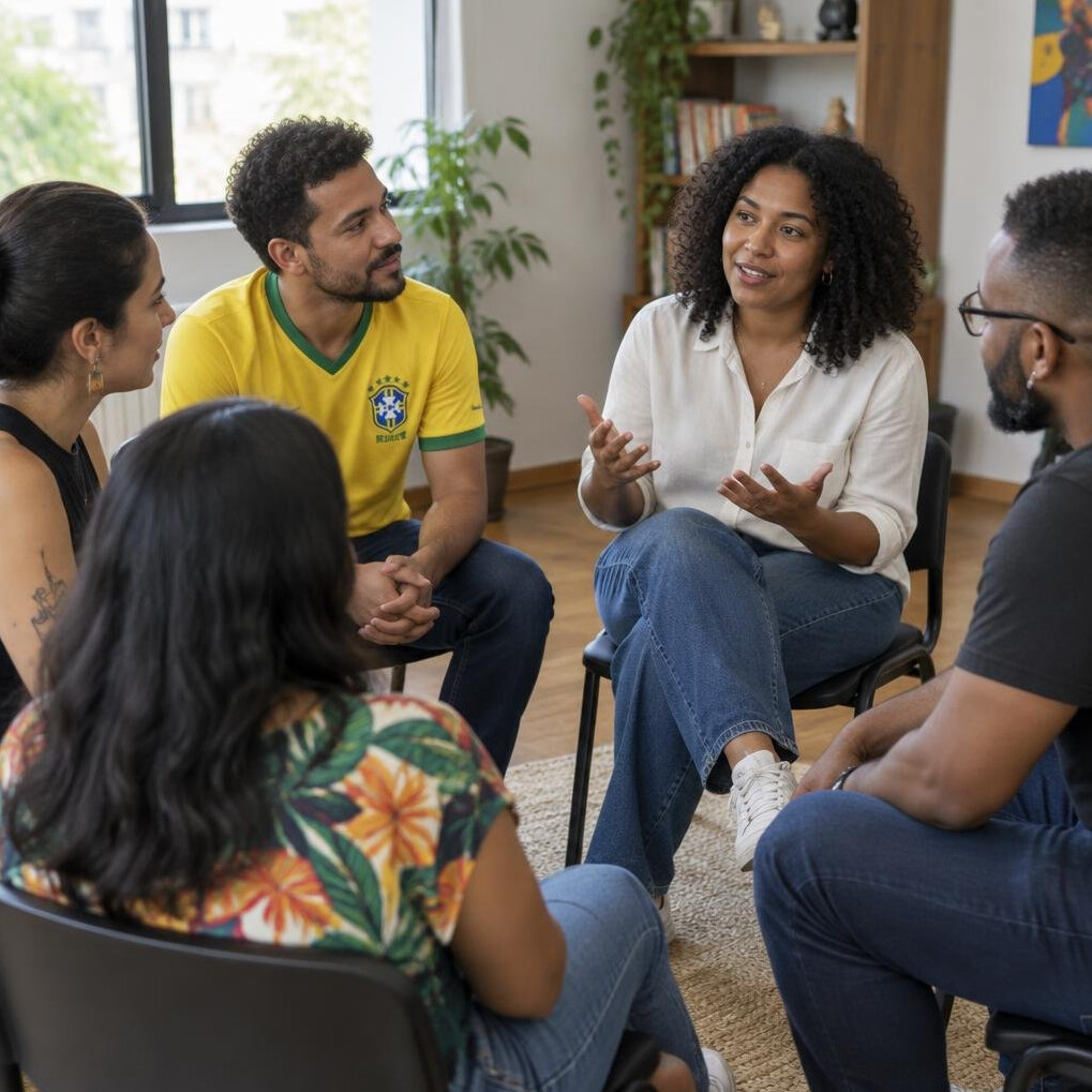 Small group of Brazilian people in a relaxed discussion circle