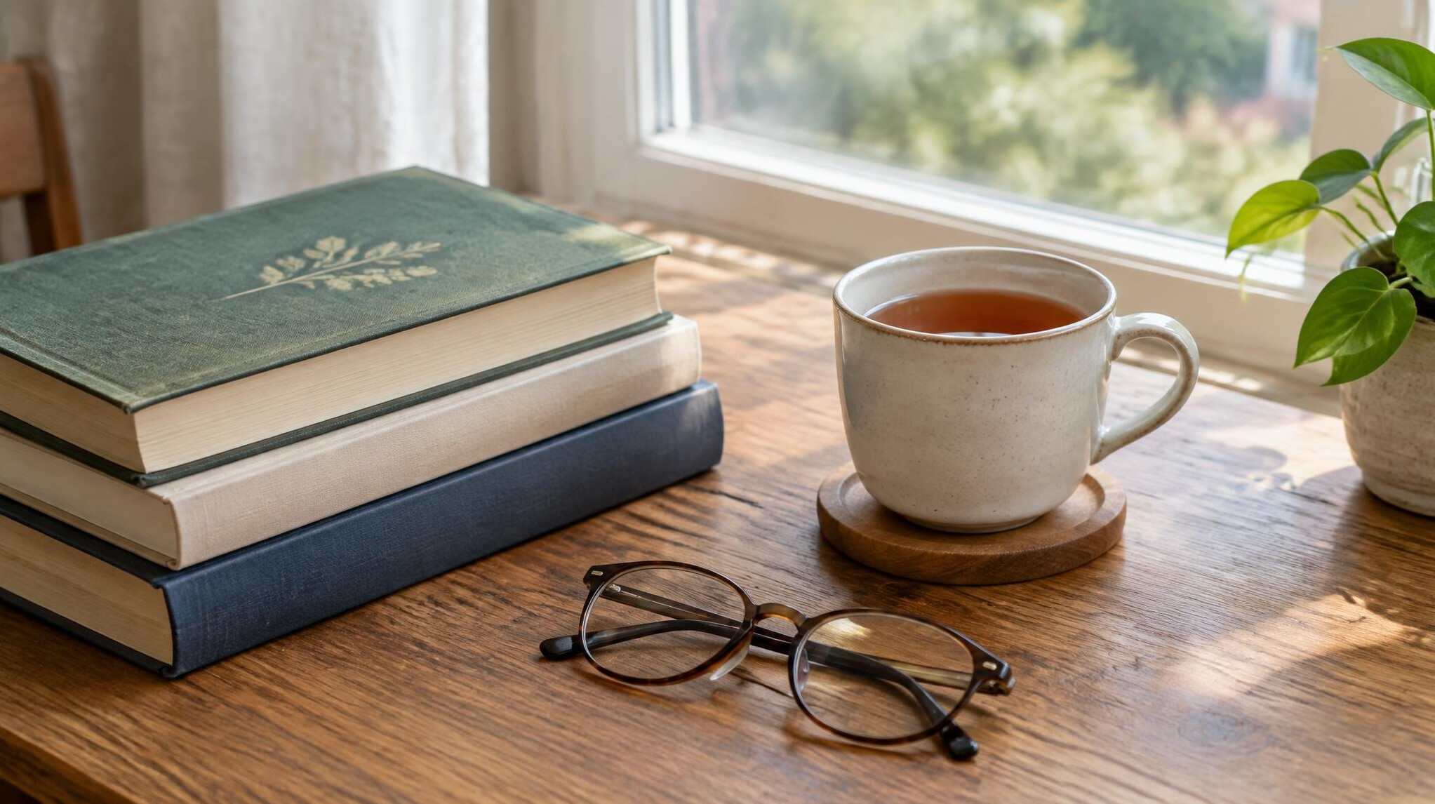 Stack of books and a cup of tea on a quiet reading table