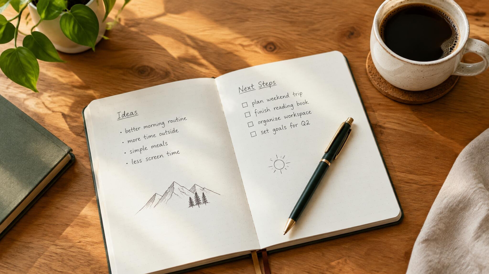 Open notebook with handwritten notes and a pen on a desk