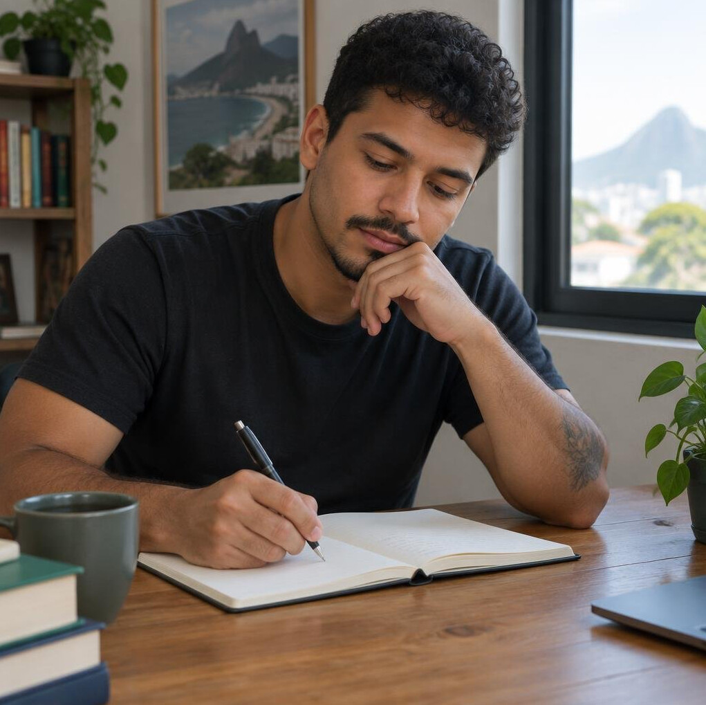 Young man writing thoughtfully in a notebook at a wooden desk